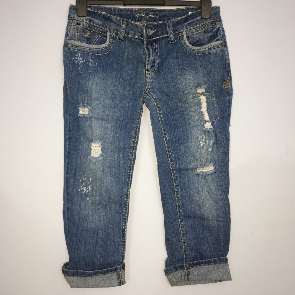 Apollo Juniors 9/10 Destroyed Embroidered Studded Med Wash Lo Rise Crop Jeans